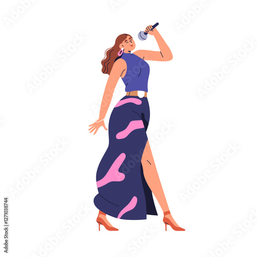 Female singer singing with microphone. Young woman vocalist performing song a...