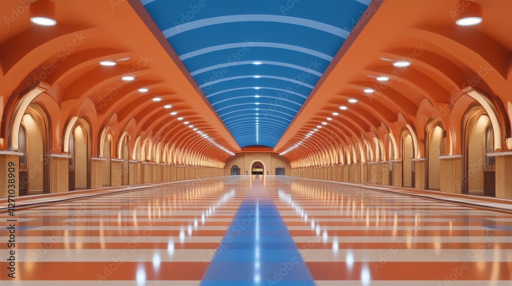 Fototapeta premium Elegant Arched Corridor With Blue Ceiling And Orange Walls