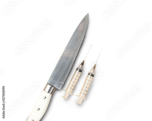 syringe knife photo studio shot on white background
