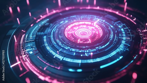 Wallpaper Mural Futuristic Circular Interface: Glowing Neon Tech Rings, Abstract Digital Display, Vivid Cyberpunk Design, Rotating Sci-Fi HUD, Advanced Technology Torontodigital.ca