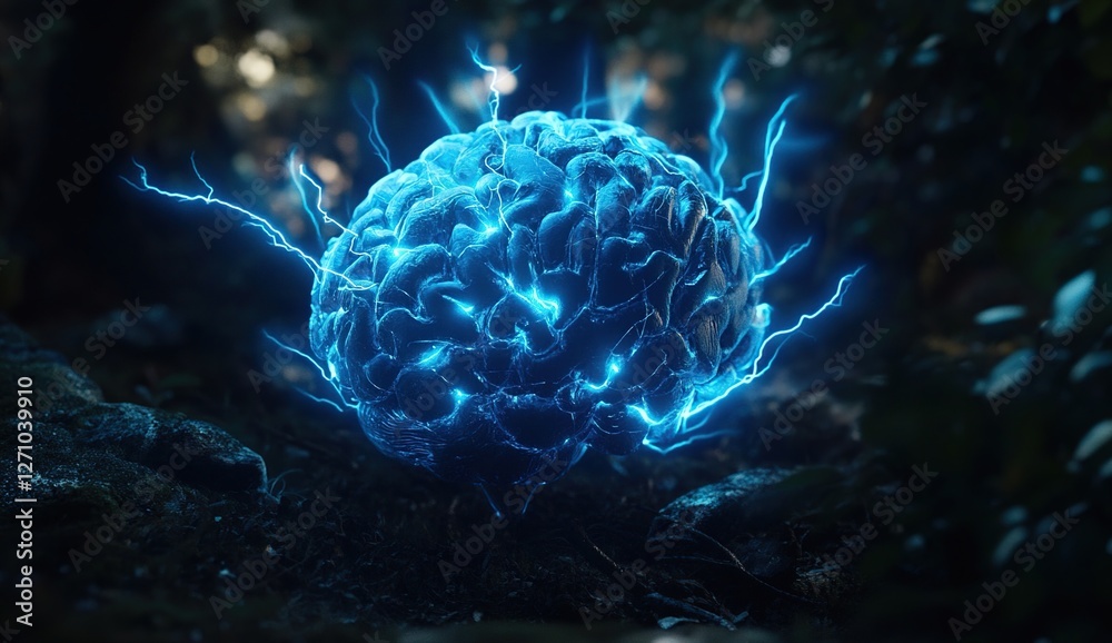 Obraz premium Glowing Brain Pulses with Energy: Exploring the Mysteries of Consciousness and the Power of Thought in the Dark Forest