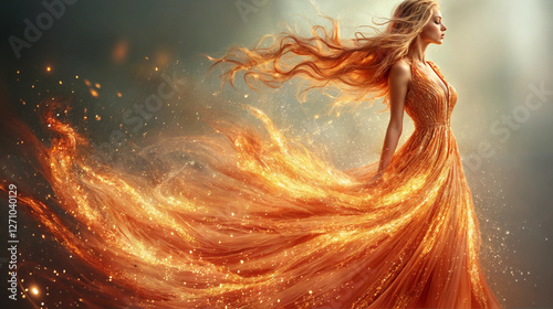 Very attractive caucasian woman in a flaming ball gown. Fashion advertising image