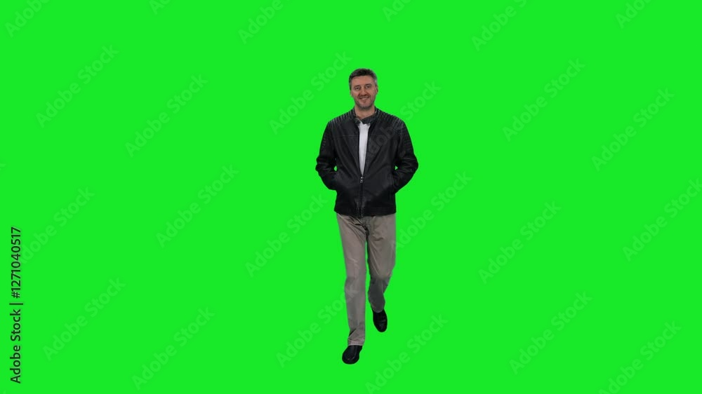 Casual mid adult man walking with hands in pockets on green chroma key background, 4k pre-keyed footage Casual mid adult man walking with hands in pockets on green chroma key background, 4k pre-keyed footage