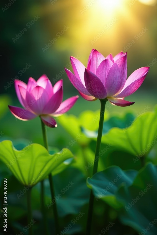 Purple lotus blooms in sunlight amidst greenery, nature scenery, blooms Purple lotus blooms in sunlight amidst greenery, nature scenery, blooms