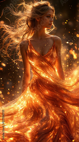 Very attractive caucasian woman in a flaming ball gown. Fashion advertising image