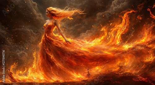 Very attractive caucasian woman in a flaming ball gown. Fashion advertising image