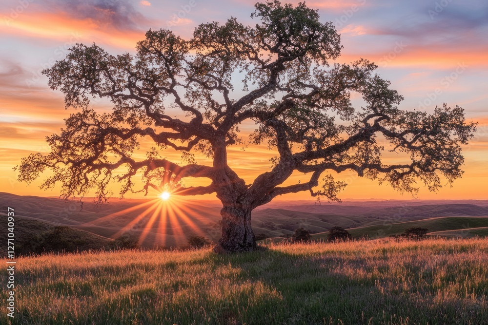 Obraz premium Majestic oak tree silhouetted against a vibrant sunset, casting sun rays over rolling hills.