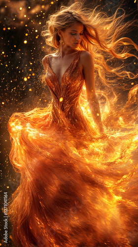 Very attractive caucasian woman in a flaming ball gown. Fashion advertising image