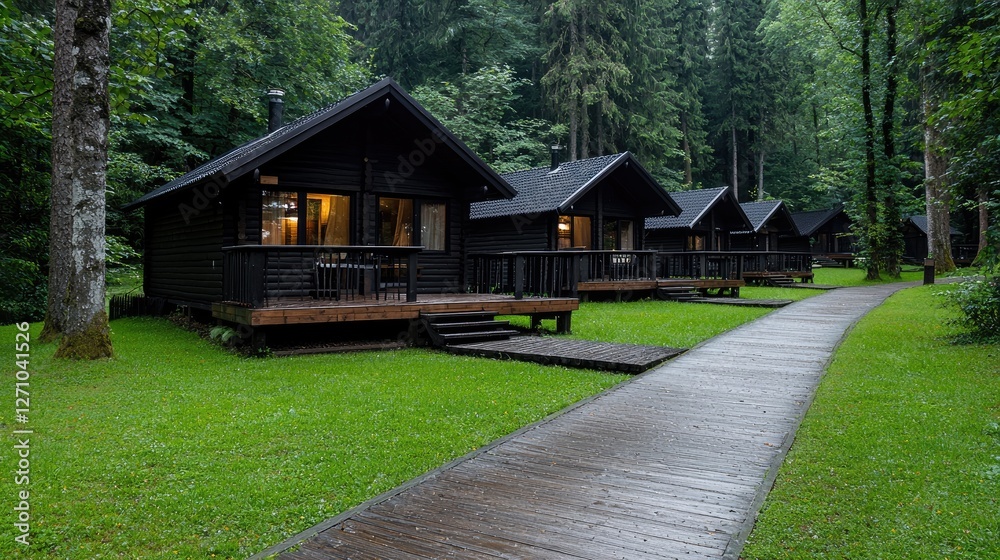 Fototapeta premium Forest cabins, pathway, tranquil getaway