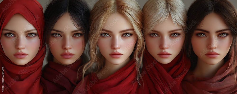 Five Individuals in Red Garments with Tilted Heads and Diverse Hair Styles

