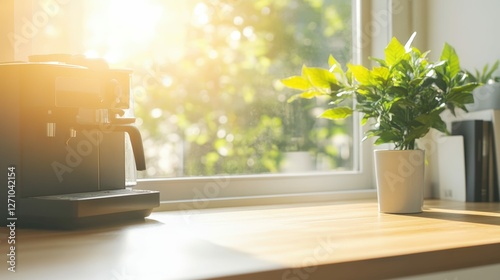 Morning light with coffee maker and potted plant on sunny kitchen counter