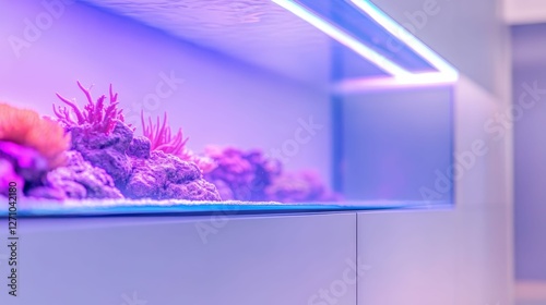 Fototapeta Naklejka Na Ścianę i Meble -  Modern home aquarium with vibrant coral reefs and led lighting for interior decor