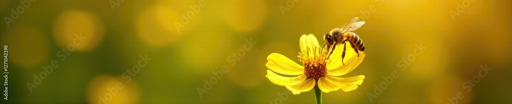 Honey bee landing on a single linden flower in the morning light, insect, morning light Honey bee landing on a single linden flower in the morning light, insect, morning light