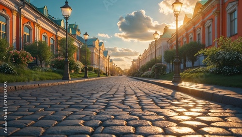 Empty cobblestone street with street lamps at sunset in trakai, lithuania