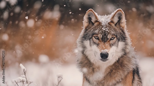 Majestic wolf in a snowy forest showing intense gaze with falling snowflakes : Generative AI photo