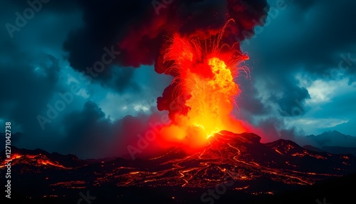 A dramatic volcanic eruption with bright, molten lava flowing and erupting into the air, surrounded by thick clouds of dark smoke and floating embers. The scene is intense and vibrant, showcasing the 