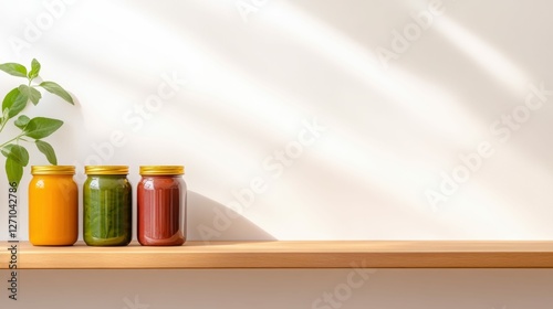 Wallpaper Mural Minimalist shelf with colorful jars and greenery for modern kitchen decor Torontodigital.ca