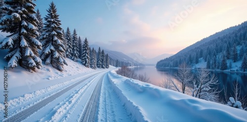 High elevation forestry road with snow-covered trees and a frozen lake, forestry road, high elevation, frozen water photo