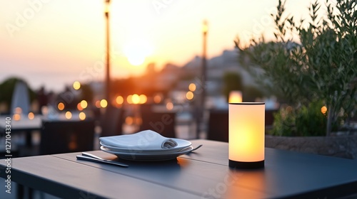 Romantic dinner setting at sunset with candlelight and tableware