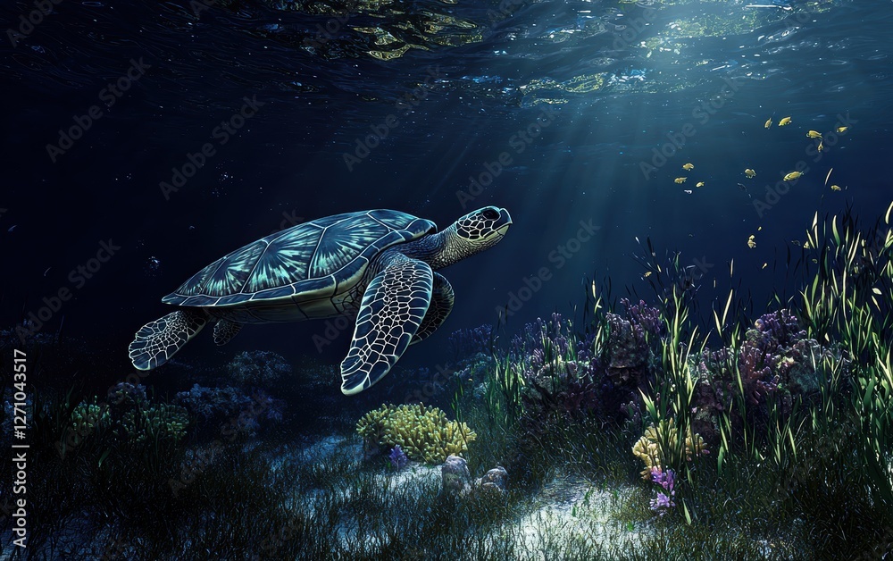 Fototapeta premium A sea turtle gracefully swimming above a coral reef