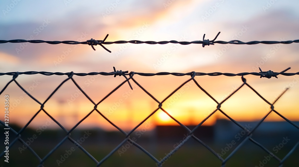Barbed wire fencing stretches against a vivid sunset sky capturing a moment of confinement : Generative AI Barbed wire fencing stretches against a vivid sunset sky capturing a moment of confinement : Generative AI