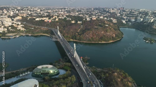 An Aerial shot of Durgam Cheruvu Cable Bridge at Hyderabad in India
