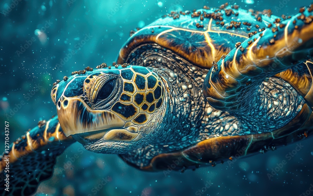 Fototapeta premium A sea turtle with barnacles on its shell in deep water