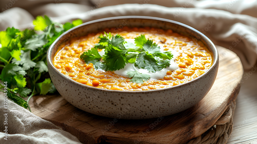 Cozy lentil soup topped with fresh cilantro and a dollop of dairy-free yogurt on a wooden board. Cozy lentil soup topped with fresh cilantro and a dollop of dairy-free yogurt on a wooden board.