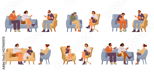 People during psychological therapy sessions flat vector illustrations set isolated on white. Couples, families, children, singles consulting a psychologist.