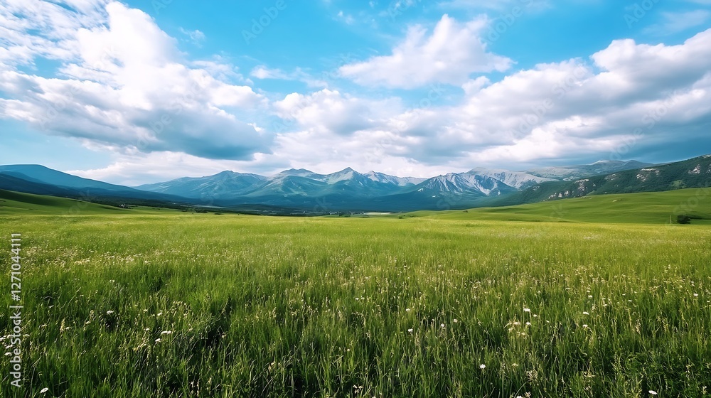 Expansive green meadow under a blue sky with white clouds and majestic mountains in the distance : Generative AI Expansive green meadow under a blue sky with white clouds and majestic mountains in the distance : Generative AI