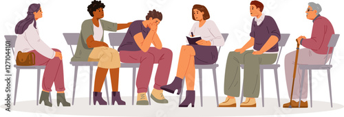 Woman psychologist with patients on group therapy session flat vector illustration isolated on white. Man sharing his problems with diverse group of people.