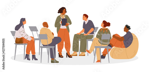 African American woman psychologist with patients on group therapy session flat vector illustration isolated on white. Diverse group of people sitting in circle.