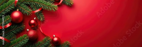 Evergreen pine branches scattered on a red background with Christmas ornaments and ribbons, ornaments, red, holiday