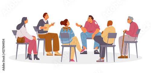 Psychologist with patients on group therapy session flat vector illustration isolated on white. Man sharing his problems with diverse group of people.