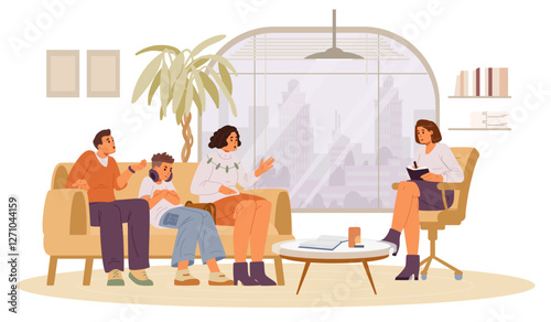 Family with teenage boy during psychotherapy session in a psychologist's office flat vector illustration. Woman family psychologist with patients in the interior.