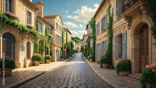 Picturesque french village with cobblestone street and ivy-covered buildings