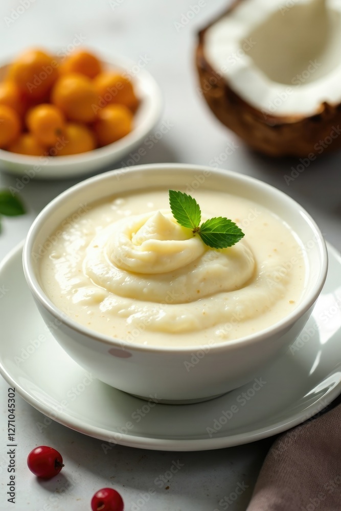 Creamy coconut milk-based dessert in white bowl, Indian sweets, white ceramics Creamy coconut milk-based dessert in white bowl, Indian sweets, white ceramics
