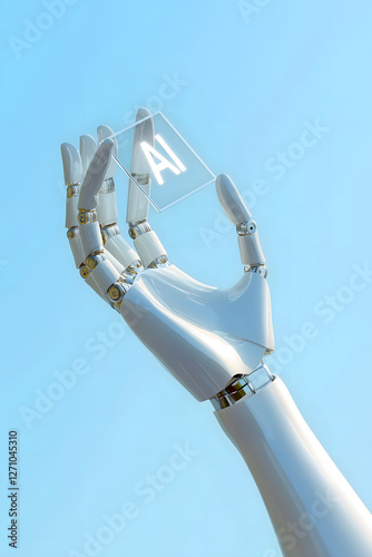 A white robot hand holding a glowing 