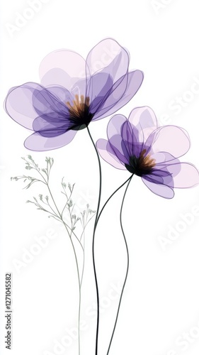 Elegant translucent purple flowers on white background