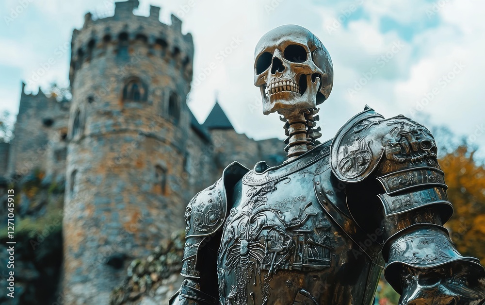 Obraz premium A skeleton knight in shining armor standing in front of a medieval castle