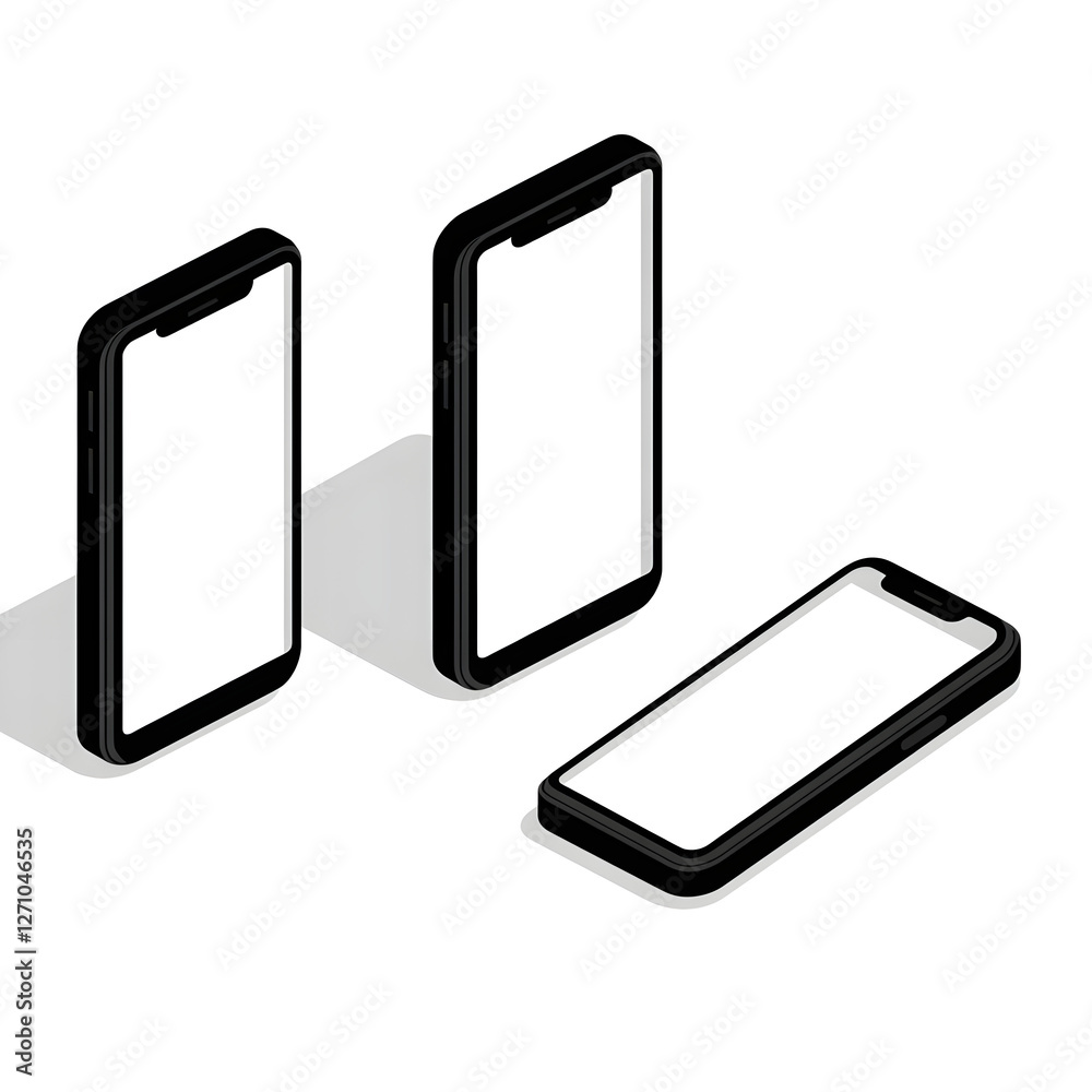 Vector illustration of three black smartphone screens in an isometric view, set against a white background. The design is simple, with flat colors and no shadows or gradients. The vector graphics Vector illustration of three black smartphone screens in an isometric view, set against a white background. The design is simple, with flat colors and no shadows or gradients. The vector graphics