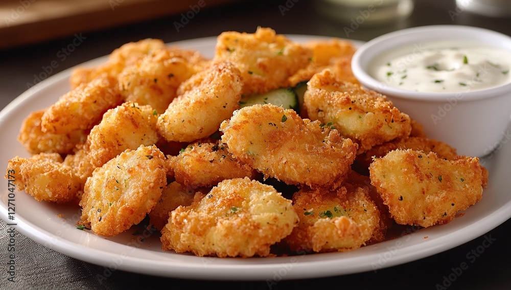 A plate of golden-brown, breaded cucumber strips with ranch dressing on the side A plate of golden-brown, breaded cucumber strips with ranch dressing on the side