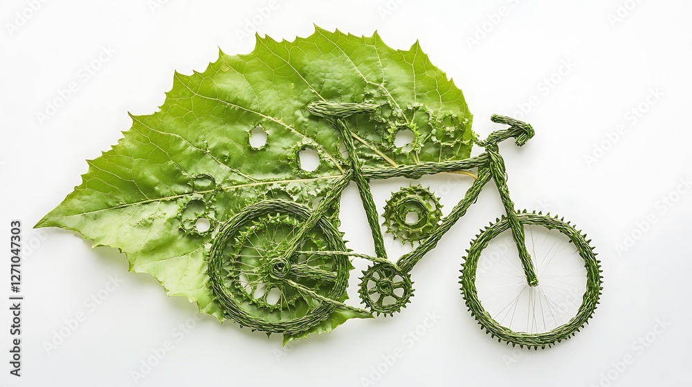 Obraz premium Leaf Crafted into a Bicycle with Gear Patterns, Promoting Green Transportation and Fitness