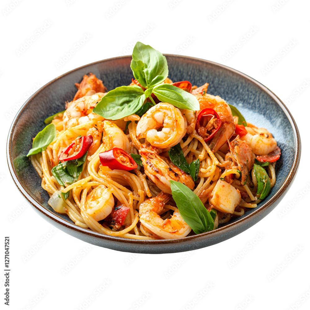 Spicy Shrimp Spaghetti with Basil, Chili, and Seafood Delight