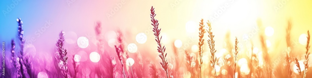 Obraz premium Floral Meadow Bathed In Sunset Light With Soft Focus Texture And Gentle Pastels, Nature Background