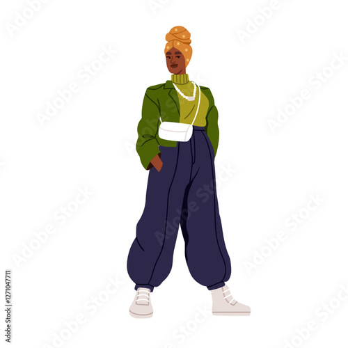 Stylish black woman in modern outfit. African American female wearing head ac...