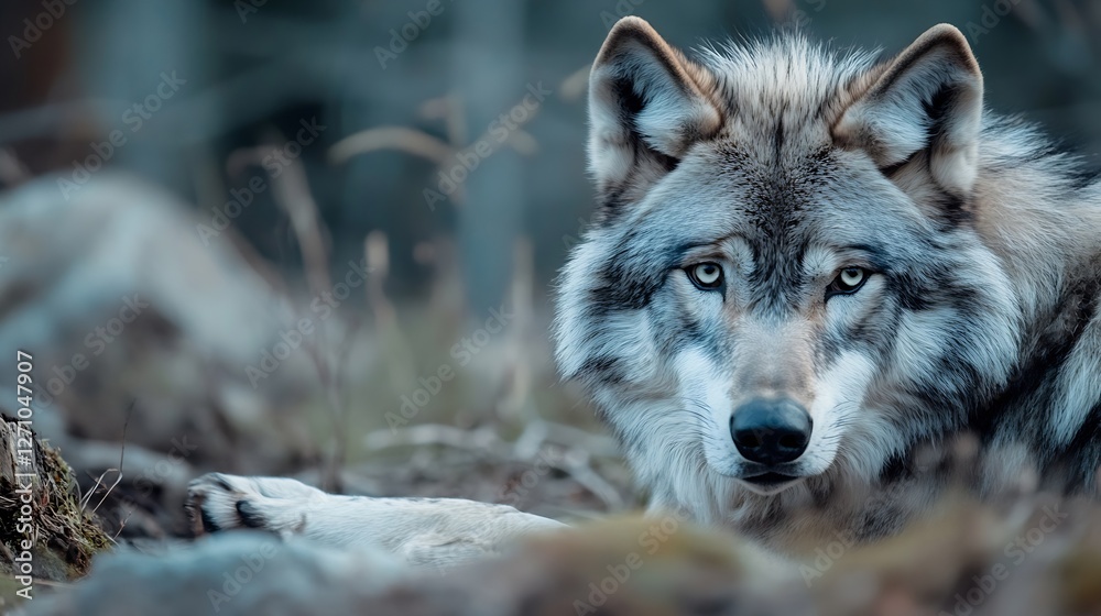 Fototapeta premium Majestic wolf resting in a natural setting showcasing its intense gaze and wild fur textures : Generative AI