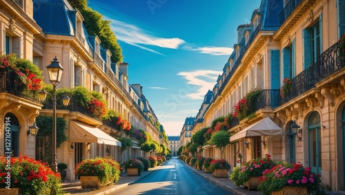 Charming parisian street showing blooming flowers and traditional architecture in summer