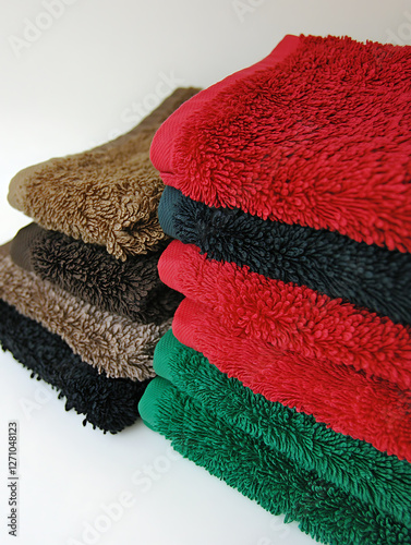 Stacked colorful terrycloth towels in green red black and earthy brown hues showing soft textures and smooth contrasting edges.