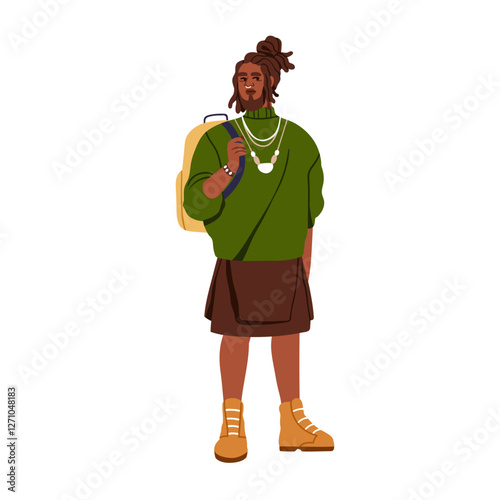 Stylish black man in modern style outfit, clothes. Trendy young male wearing skirt, boots, backpack, necklace accessory, dreadlocks. Fashion look. Flat vector illustration isolated on white background